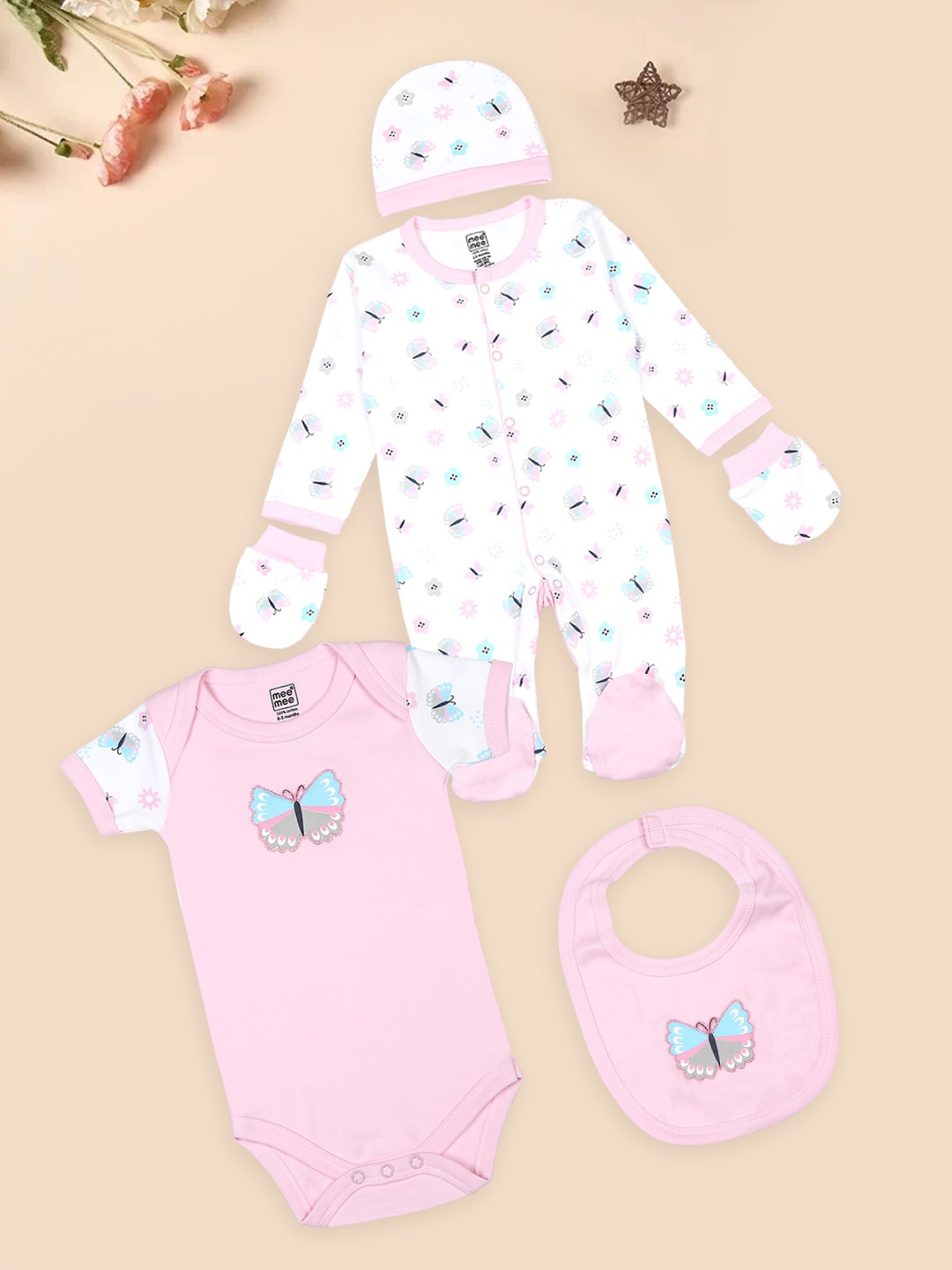 

MeeMee Infant Kids 5-Pcs Pure Cotton Baby Apparel Gift Set, Pink
