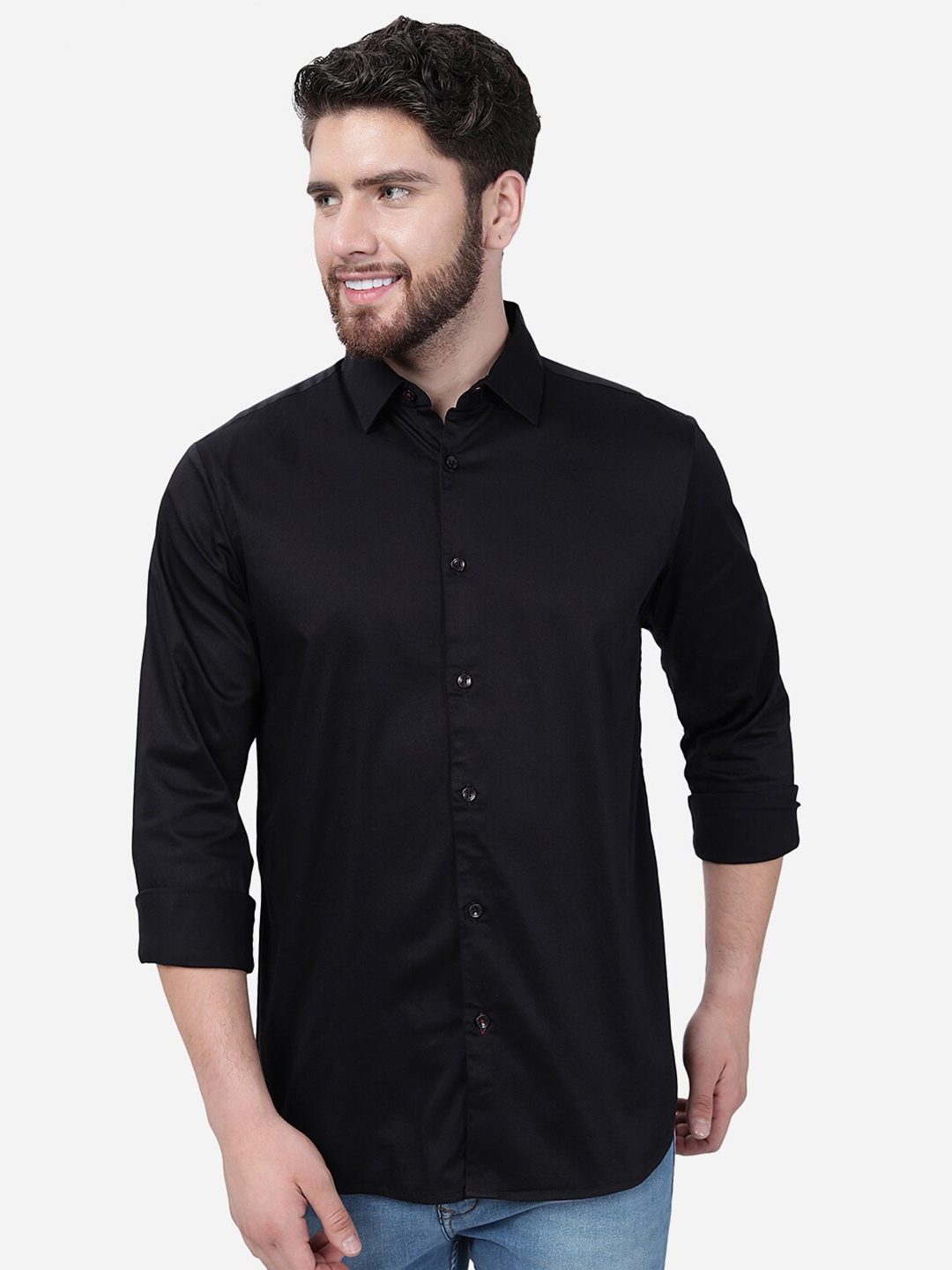 

JADE BLUE Spread Collar Pure Cotton Slim Fit Casual Shirt, Black