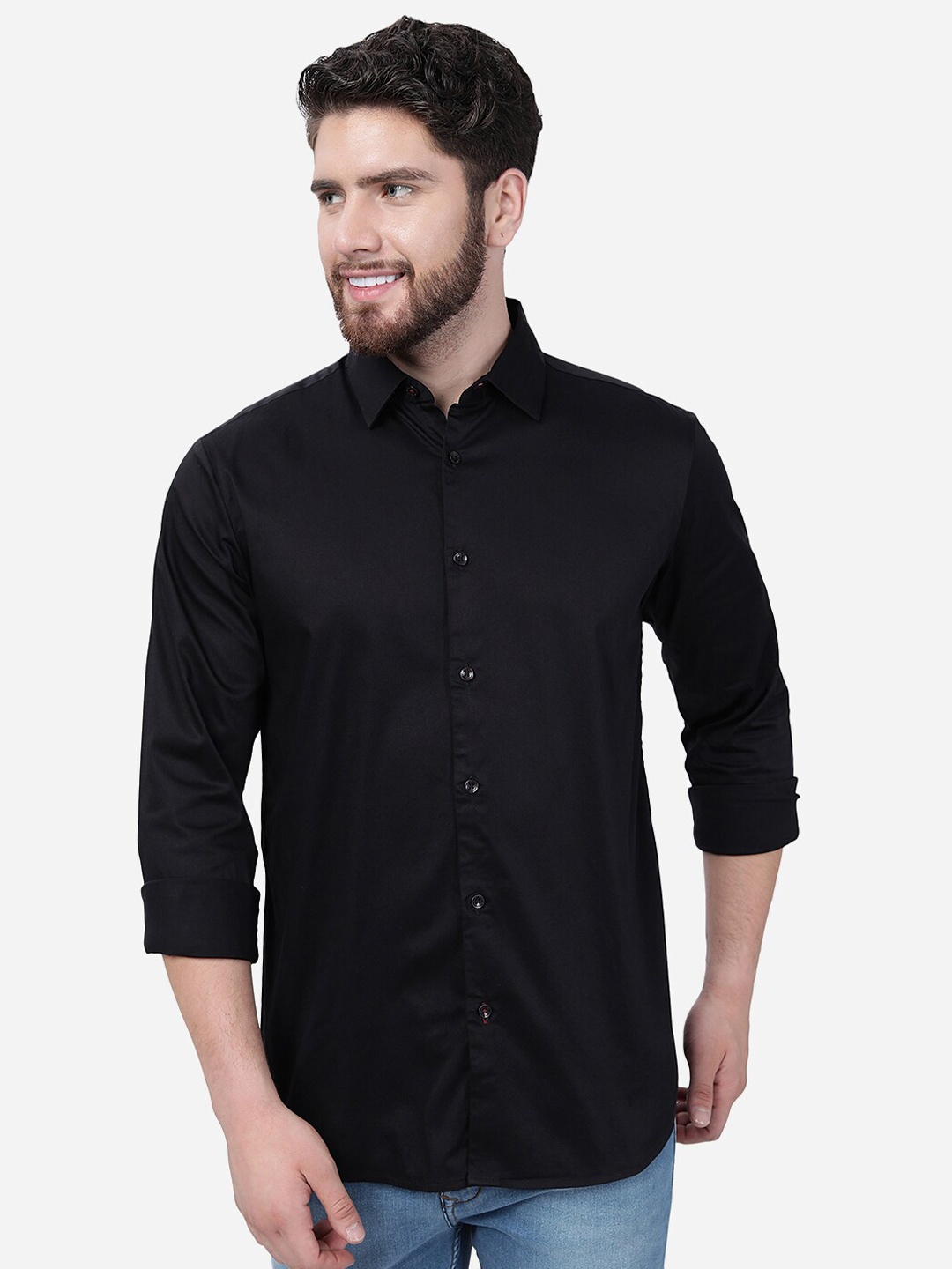 

JADE BLUE Spread Collar Pure Cotton Slim Fit Casual Shirt, Black