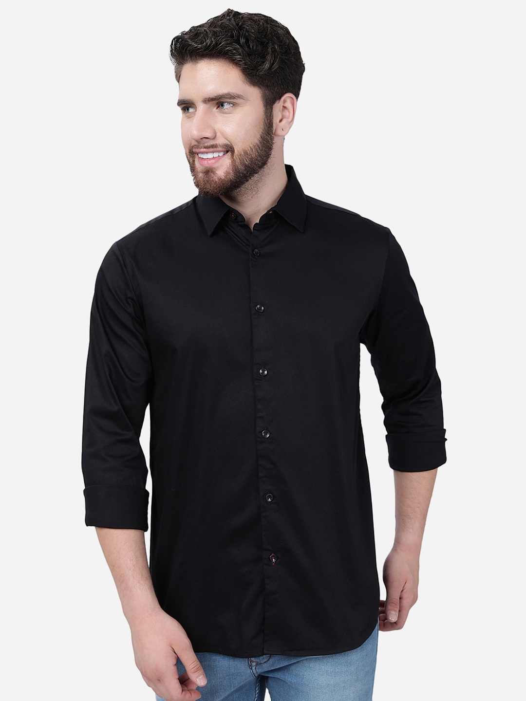 

JADE BLUE Spread Collar Pure Cotton Slim Fit Casual Shirt, Black