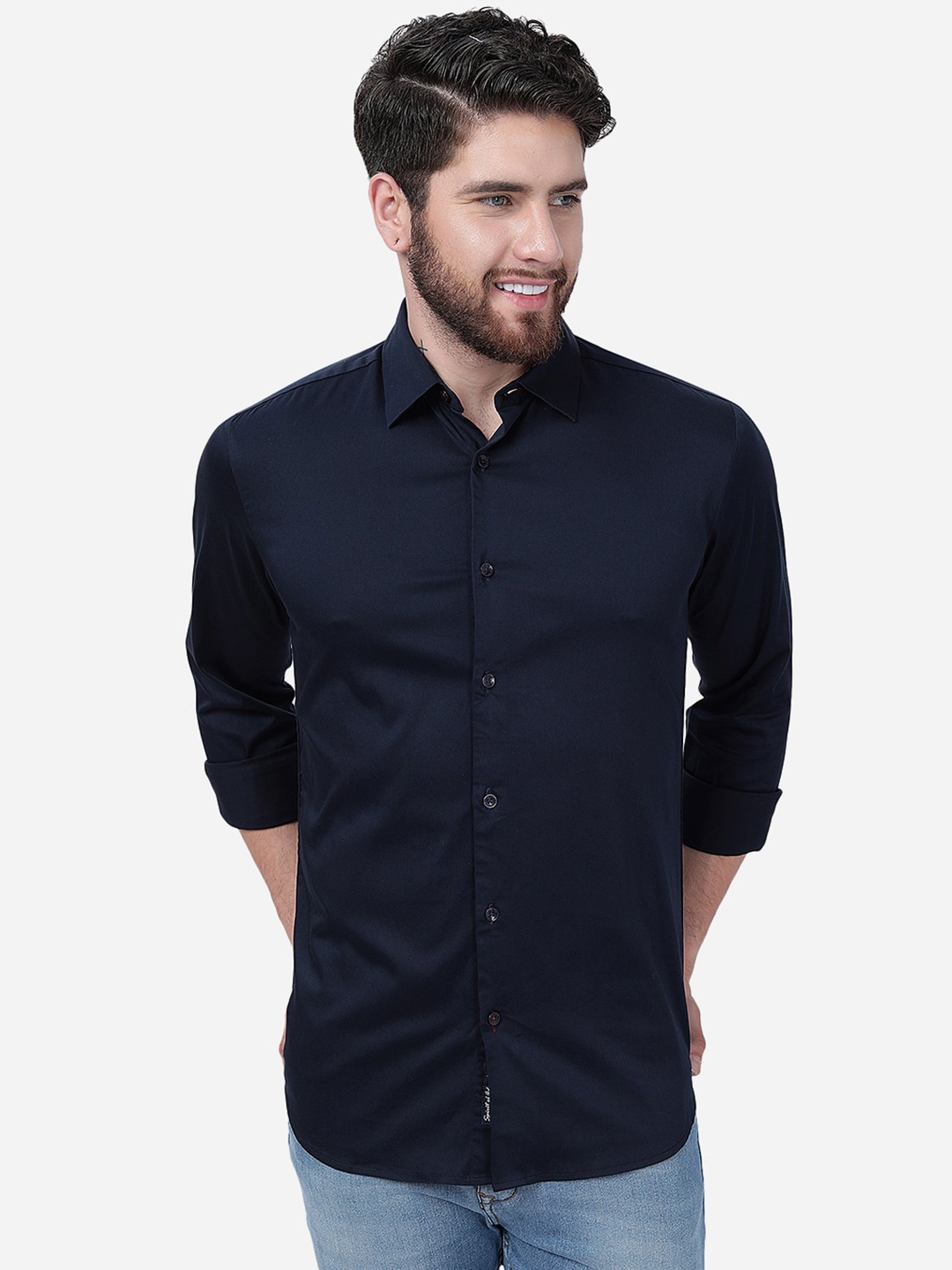 

JADE BLUE Men Cotton Slim Fit Opaque Casual Shirt, Navy blue