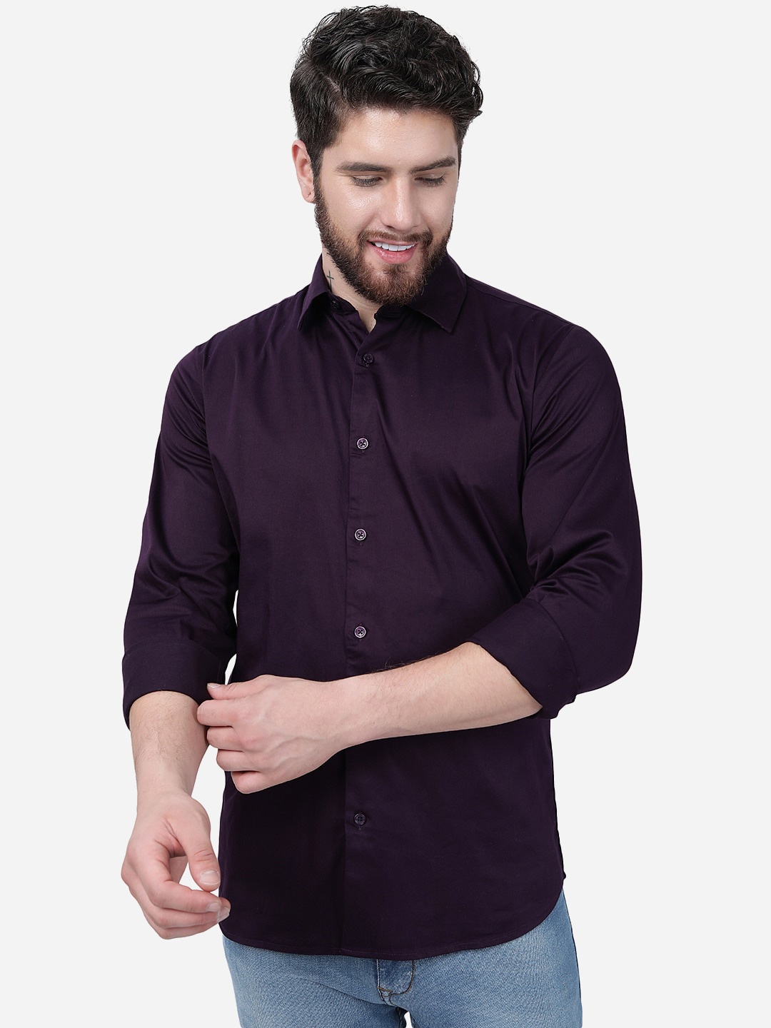 

JADE BLUE Spread Collar Slim Fit Pure Cotton Casual Shirt, Purple