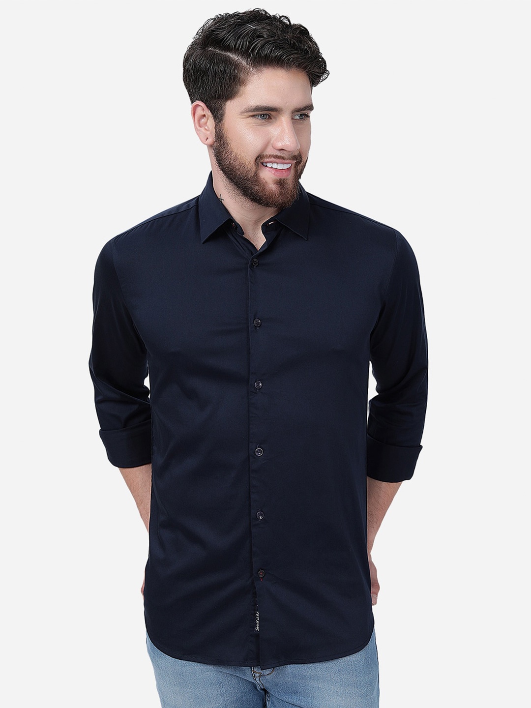 

JADE BLUE Men Cotton Slim Fit Opaque Casual Shirt, Navy blue