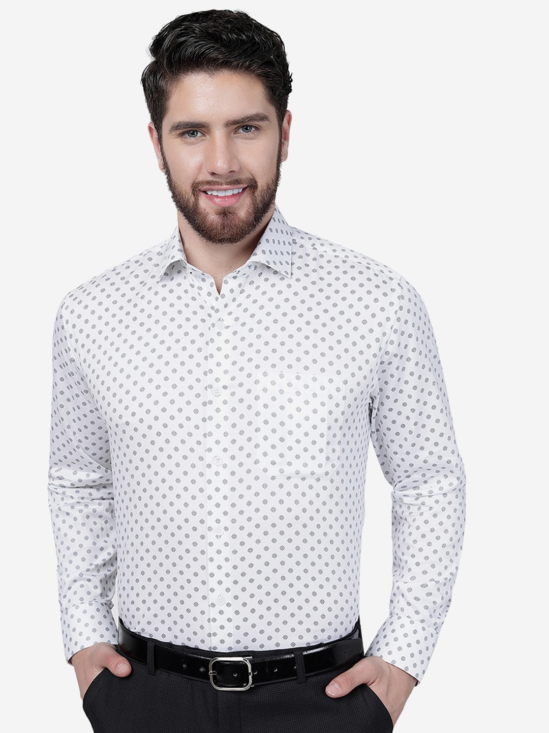 

JADE BLUE Micro Ditsy Printed Pure Cotton Formal Shirt, White