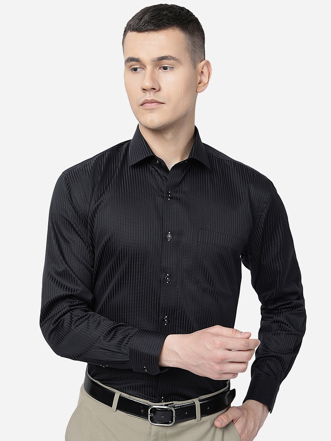

JADE BLUE Men Striped Pure Cotton Opaque Formal Shirt, Black