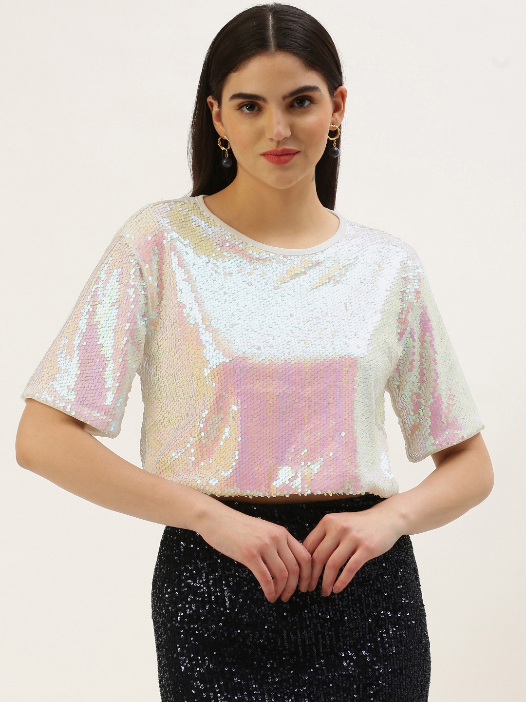 

FOREVER 21 Embellished Sequined Drop Shoulder Sleeves Crop Top, Silver