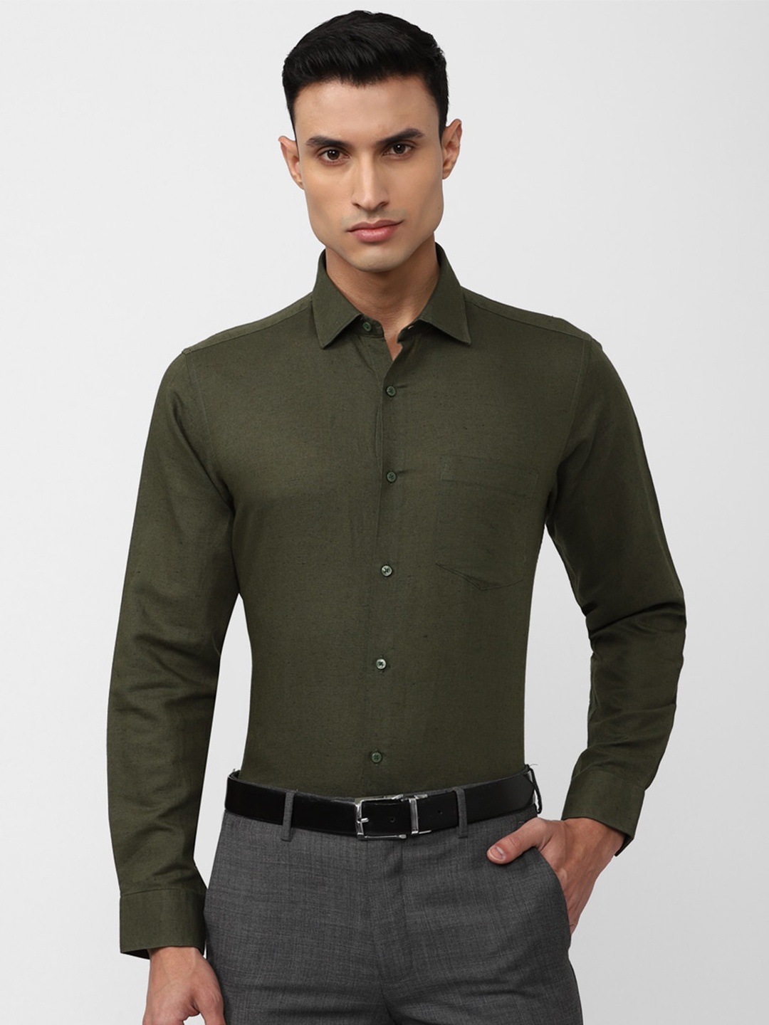 

Van Heusen Plus Size Spread Collar Slim Fit Linen Formal Shirt, Olive