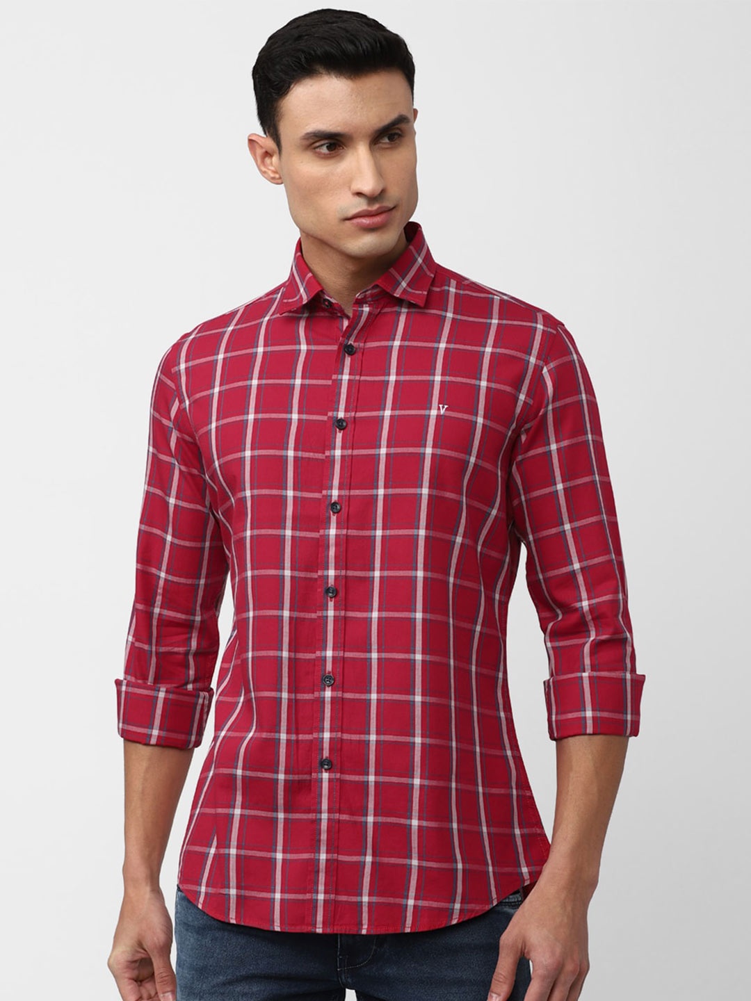 

Van Heusen Sport Slim Fit Windowpane Checks Checked Pure Cotton Casual Shirt, Red