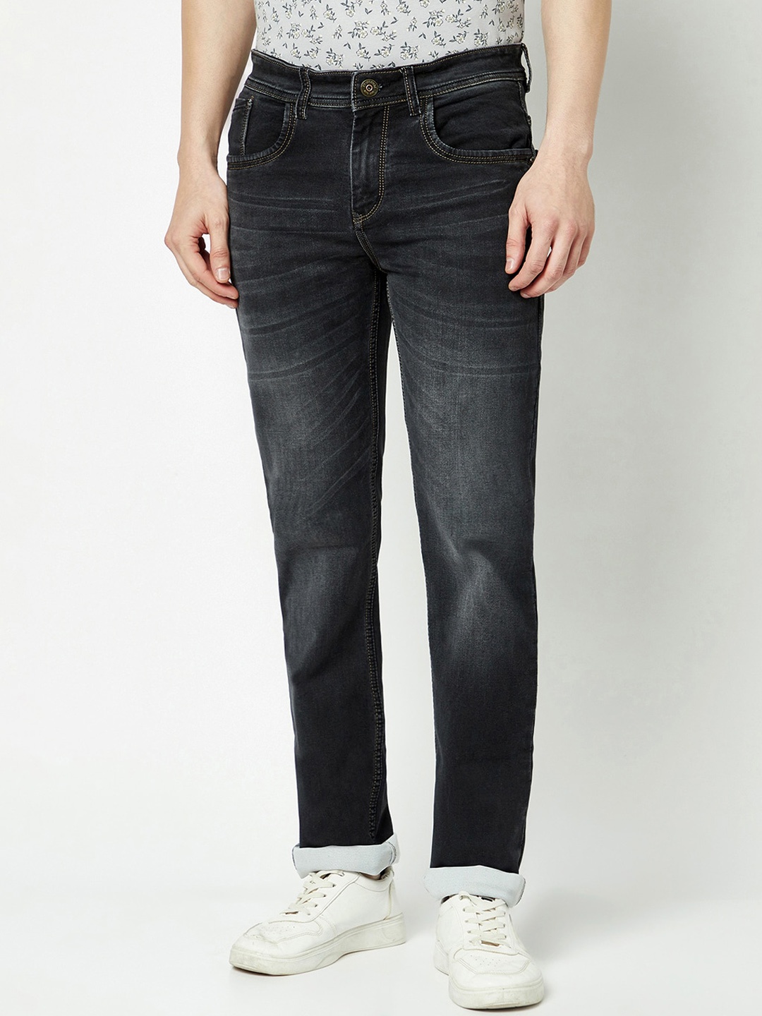 

Crimsoune Club Men Comfort Straight Fit Light Fade Stretchable Jeans, Black