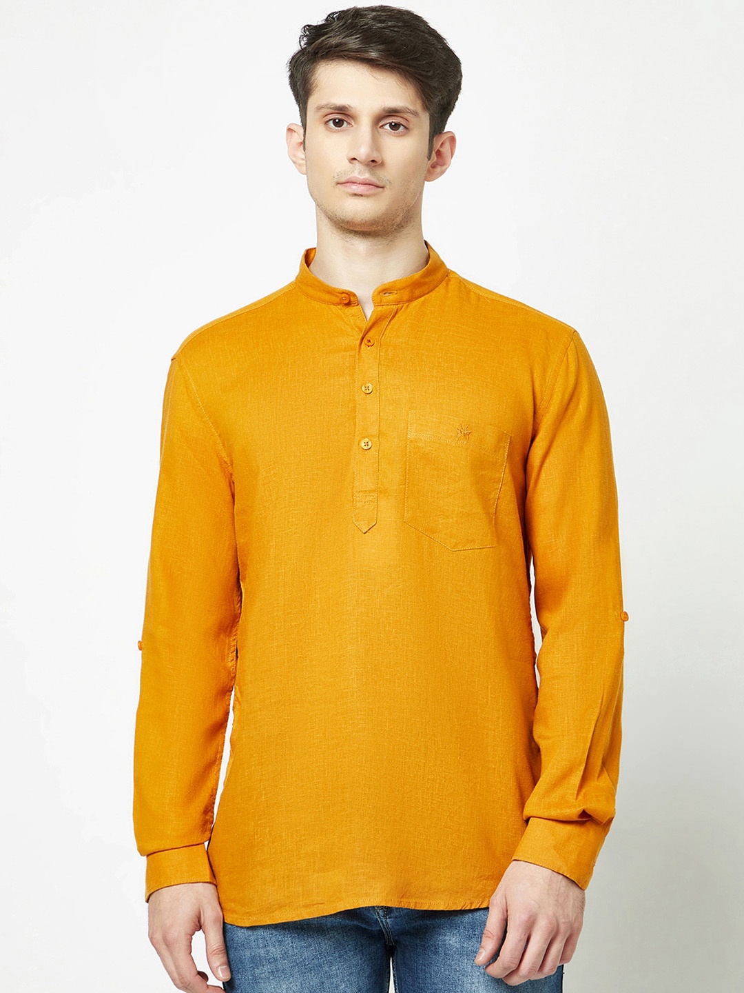 

Crimsoune Club Mandarin Collar Curved Kurta, Mustard