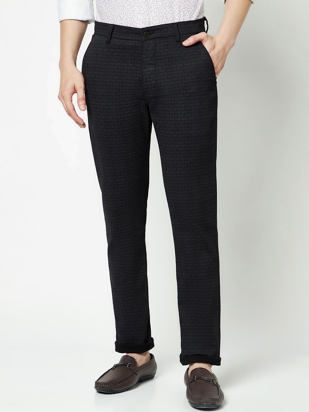 

Crimsoune Club Men Textured Printed Urban Slim Fit Trousers, Black