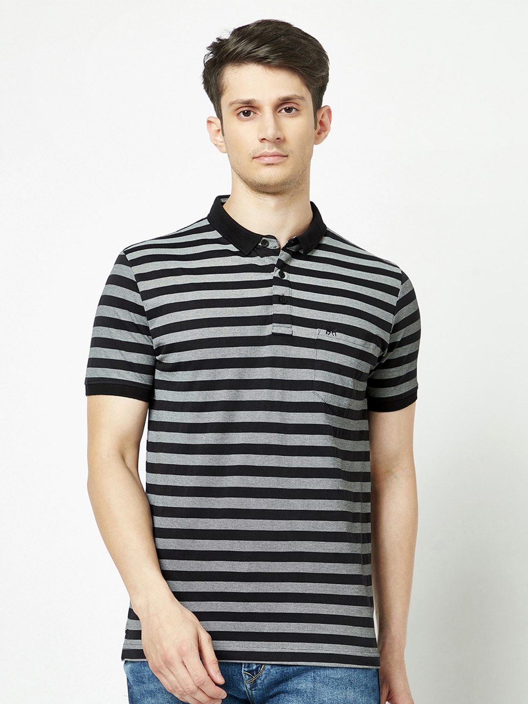 

Crimsoune Club Striped Polo Collar Pure Cotton T-Shirt, Black