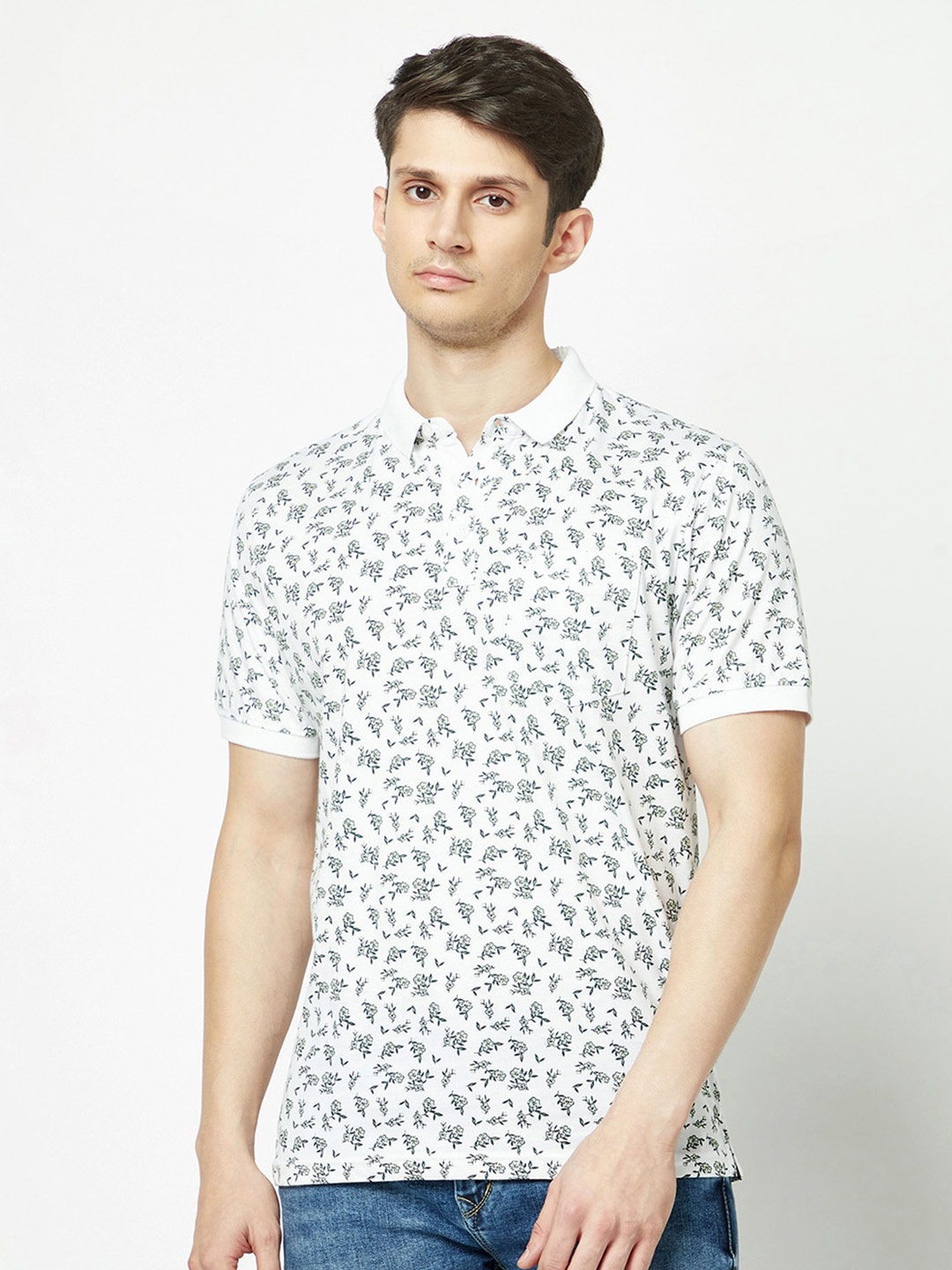 

Crimsoune Club Ditsy Floral Printed Polo Collar Pure Cotton T-shirt, White