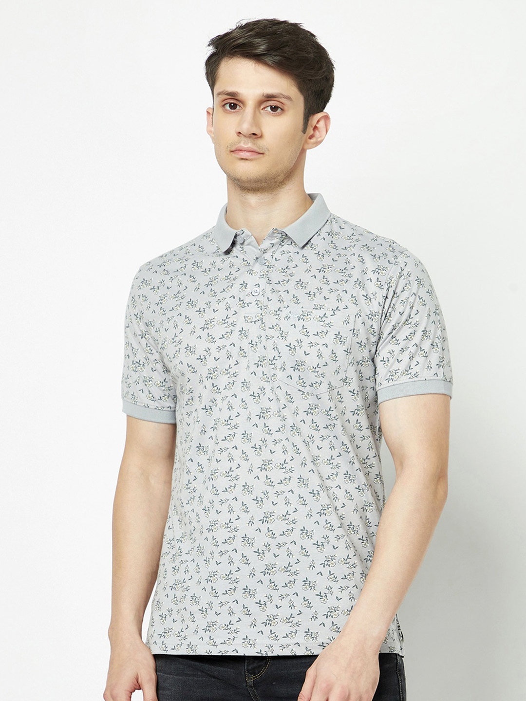 

Crimsoune Club Floral Printed Polo Collar Pure Cotton T-shirt, Grey