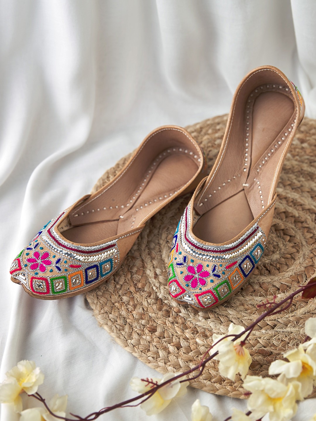 

Fabindia Women Embroidered Leather Mojaris, Beige