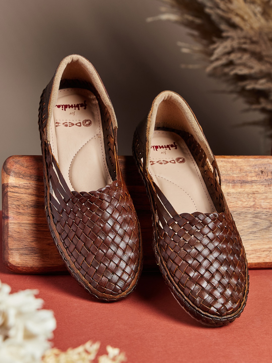 

Fabindia Women Slip On Woven Design Leather Loafers, Brown