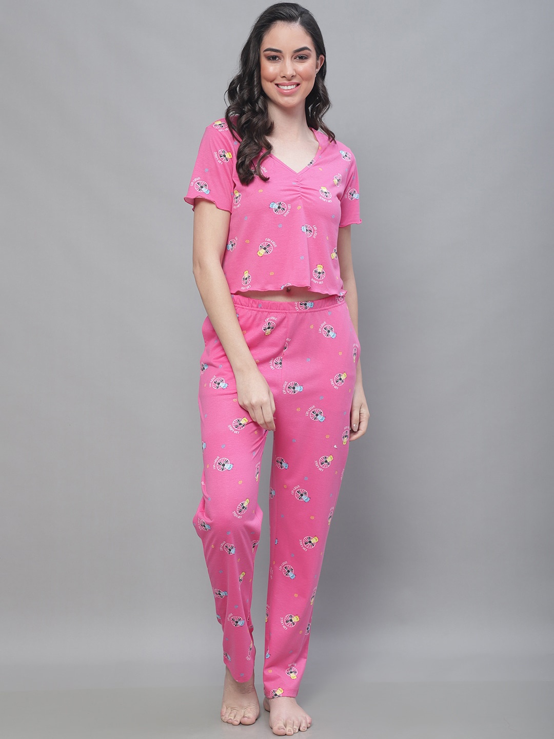 

Kanvin Conversational Printed Pure Cotton Night Suit, Pink