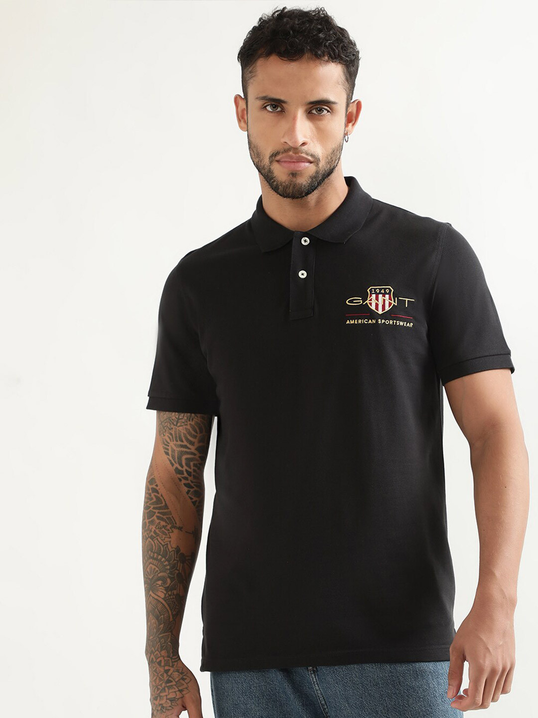 

GANT Archive Shield Embroidered Polo Collar Cotton T-shirt, Black