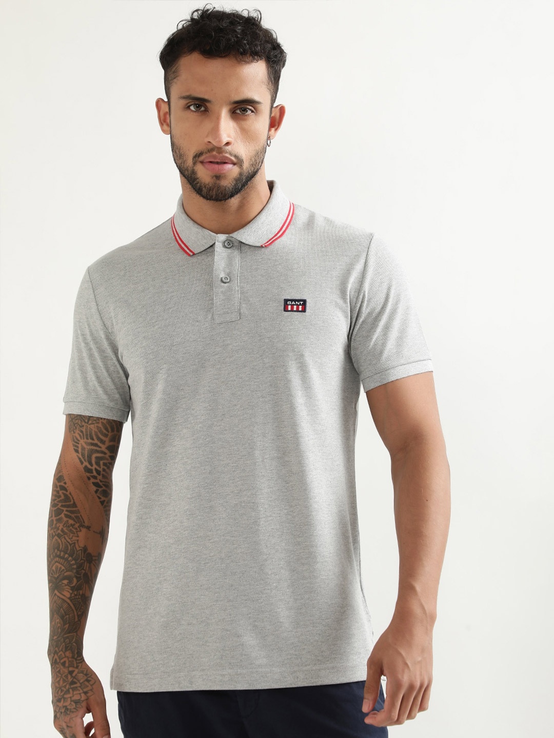 

GANT Contrast Polo Collar Pure Cotton Pique T-shirt, Grey