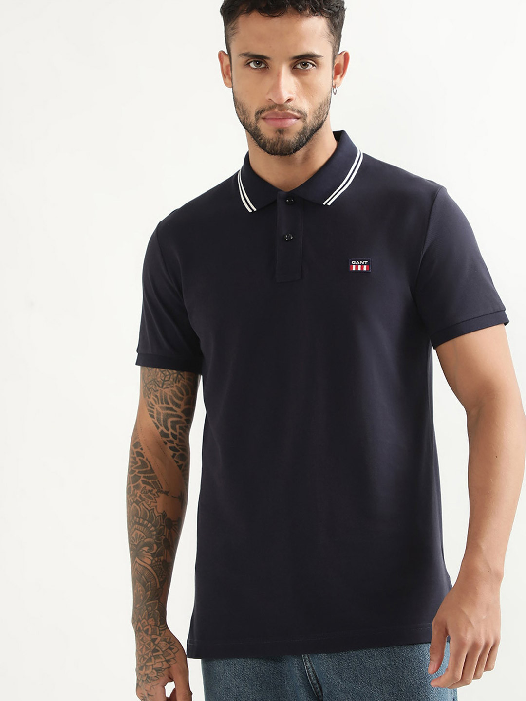 

GANT Contrast Polo Collar Pure Cotton Pique T-shirt, Blue