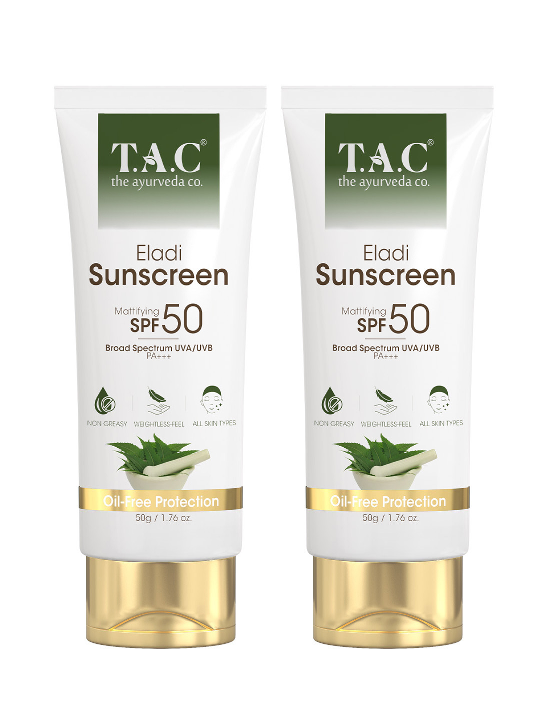 

TAC - The Ayurveda Co. Set of 2 Eladi & Aloevera Matifying Sunscreen with SPF50 - 50g each, White