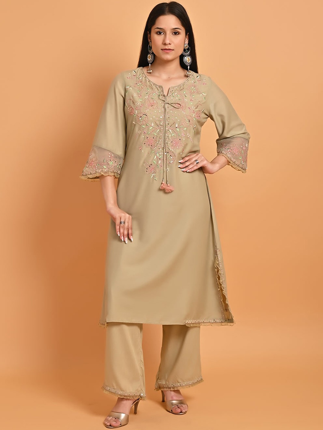 

Lakshita Floral Embroidered Sequined Pure Silk Kurta with Palazzos, Brown