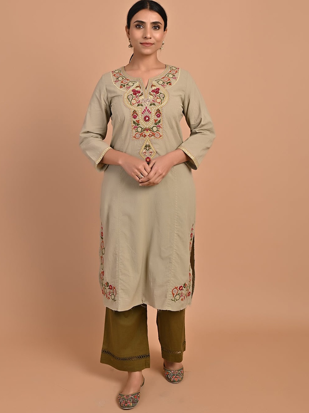 

Lakshita Ethnic Motifs Embroidered Sequinned Pure Cotton Kurta with Palazzos, Green