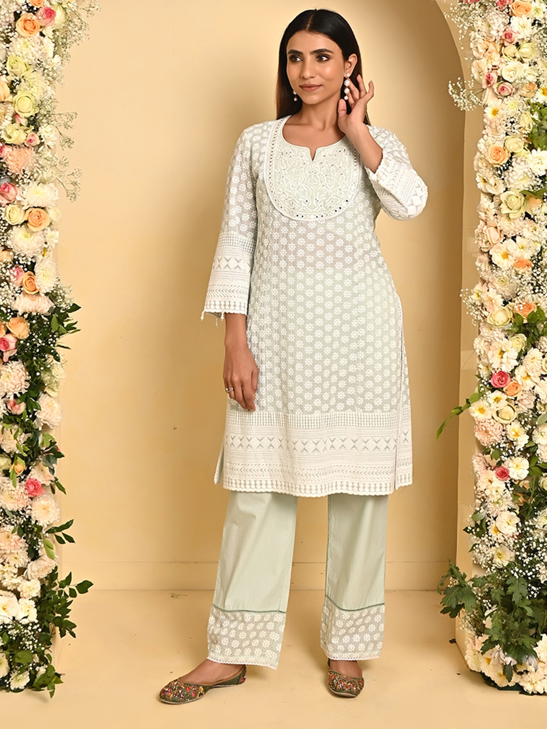 

Lakshita Floral Embroidered Mirror Work Kurta with Palazzos, Green