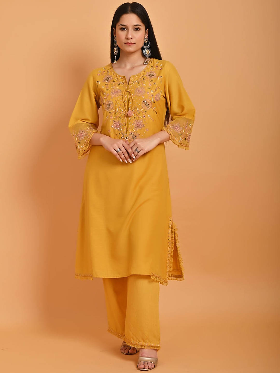 

Lakshita Floral Yoke Design Sequinned Pure Silk Kurta with Palazzos, Mustard