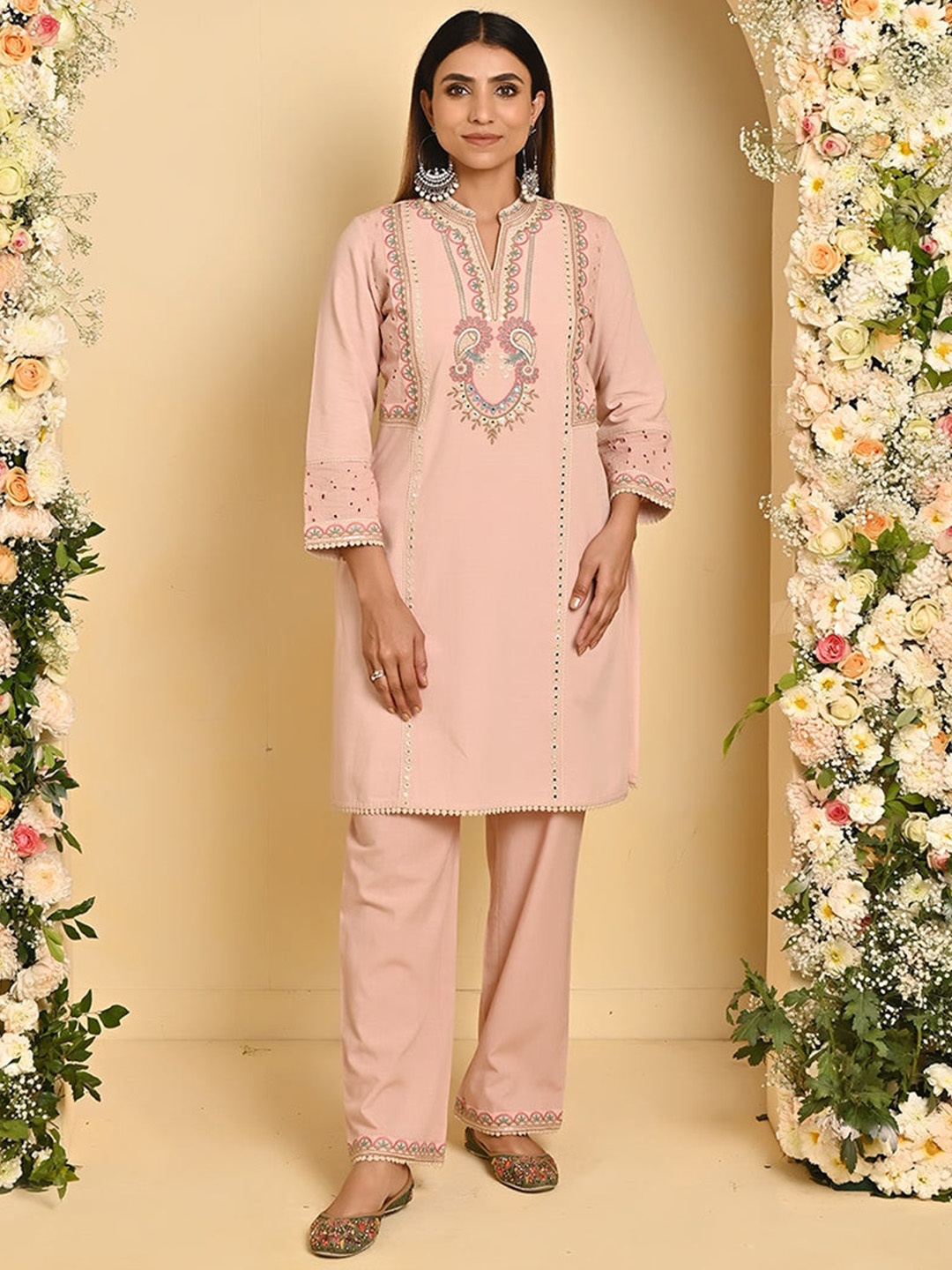 

Lakshita Ethnic Motifs Embroidered Mirror Work Pure Cotton Kurta with Palazzos, Pink