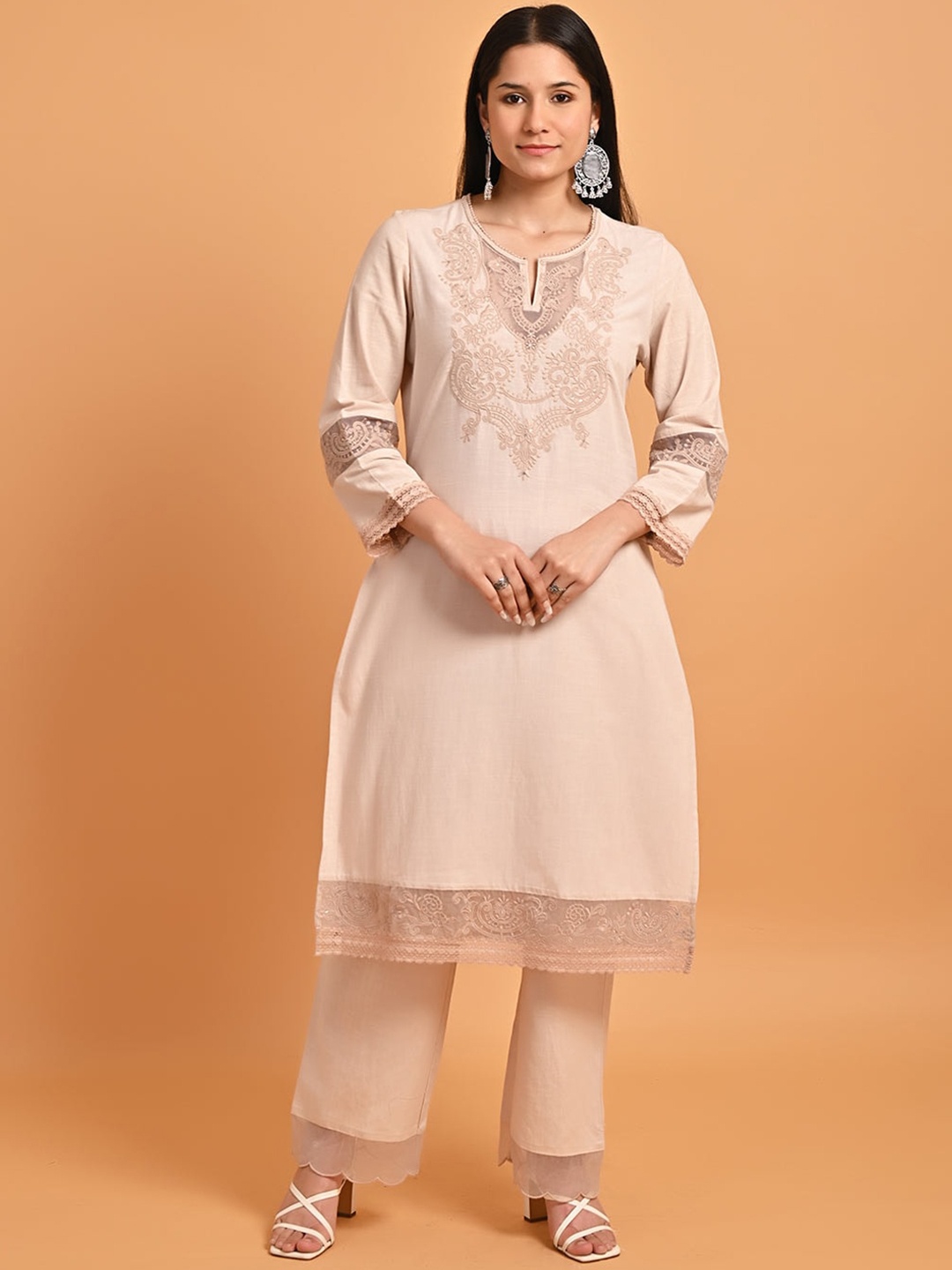 

Lakshita Ethnic Motifs Embroidered Sequinned Pure Cotton Kurta with Palazzos, Beige