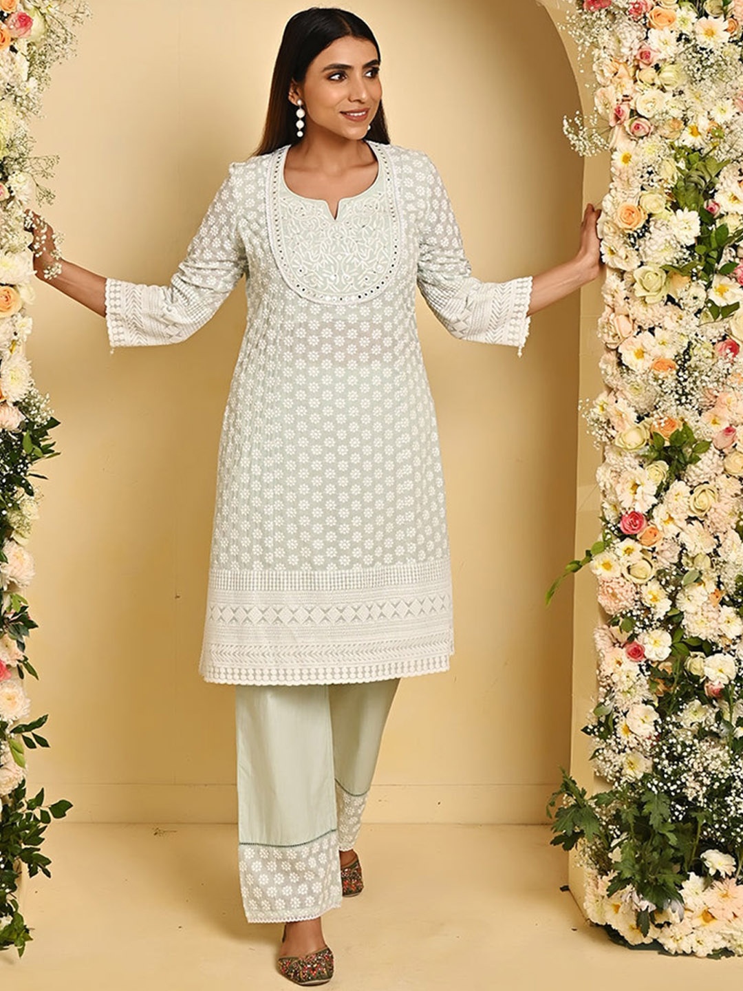 

Lakshita Floral Embroidered Mirror Work Kurta with Palazzos, Green