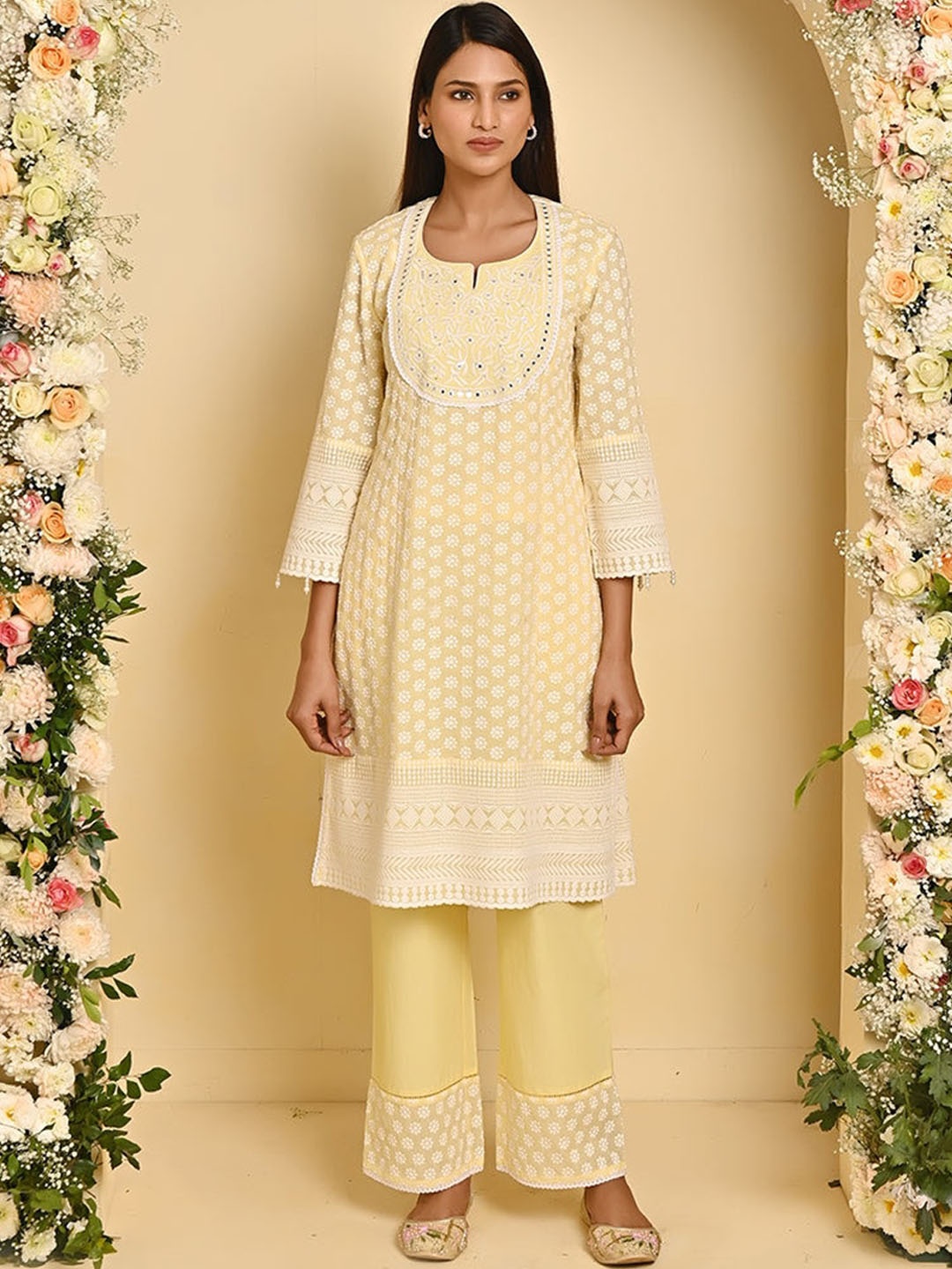 

Lakshita Floral Embroidered Mirror Work Kurta with Palazzos, Yellow