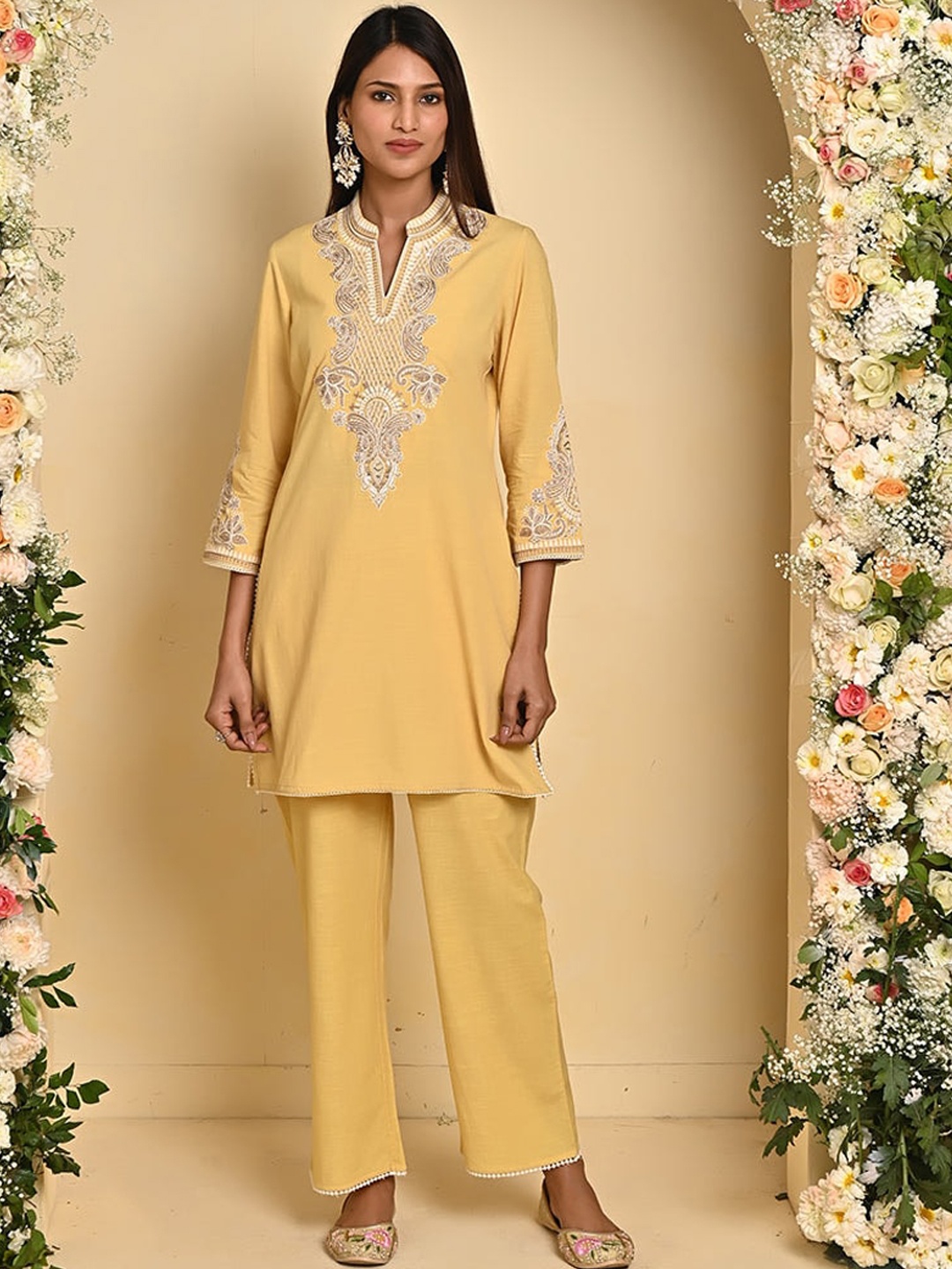 

Lakshita Ethnic Motifs Yoke Design Sequinned Georgette Kurti with Palazzos, Yellow