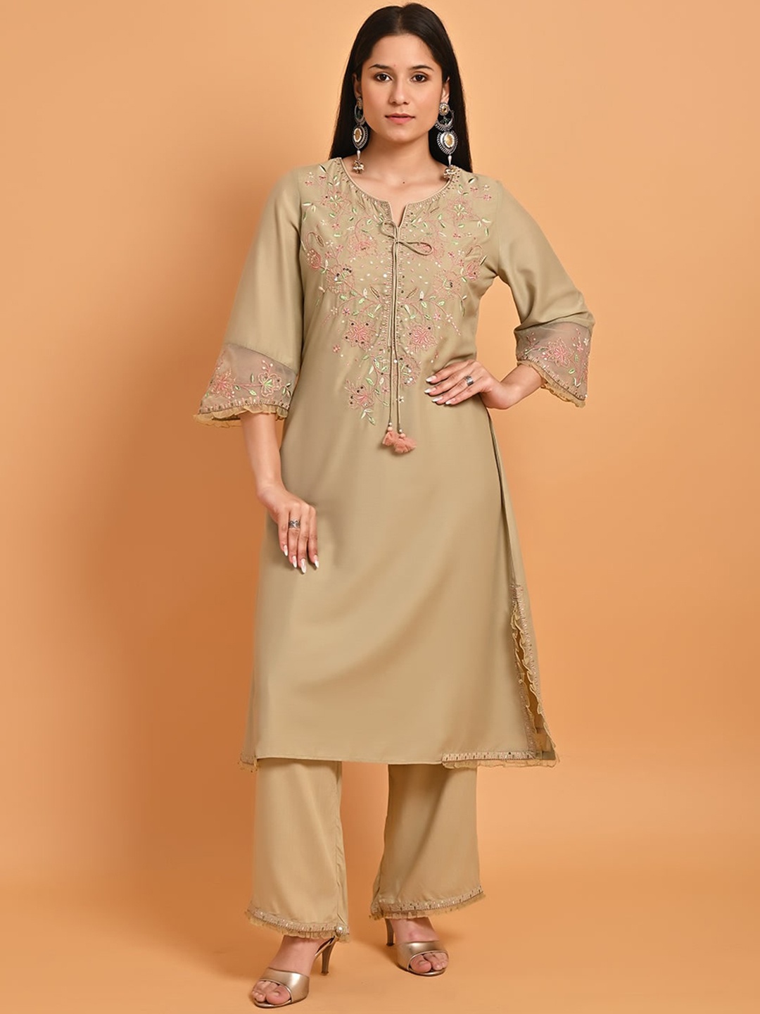 

Lakshita Plus Size Floral Embroidered Sequined Pure Silk Kurta with Palazzos, Brown