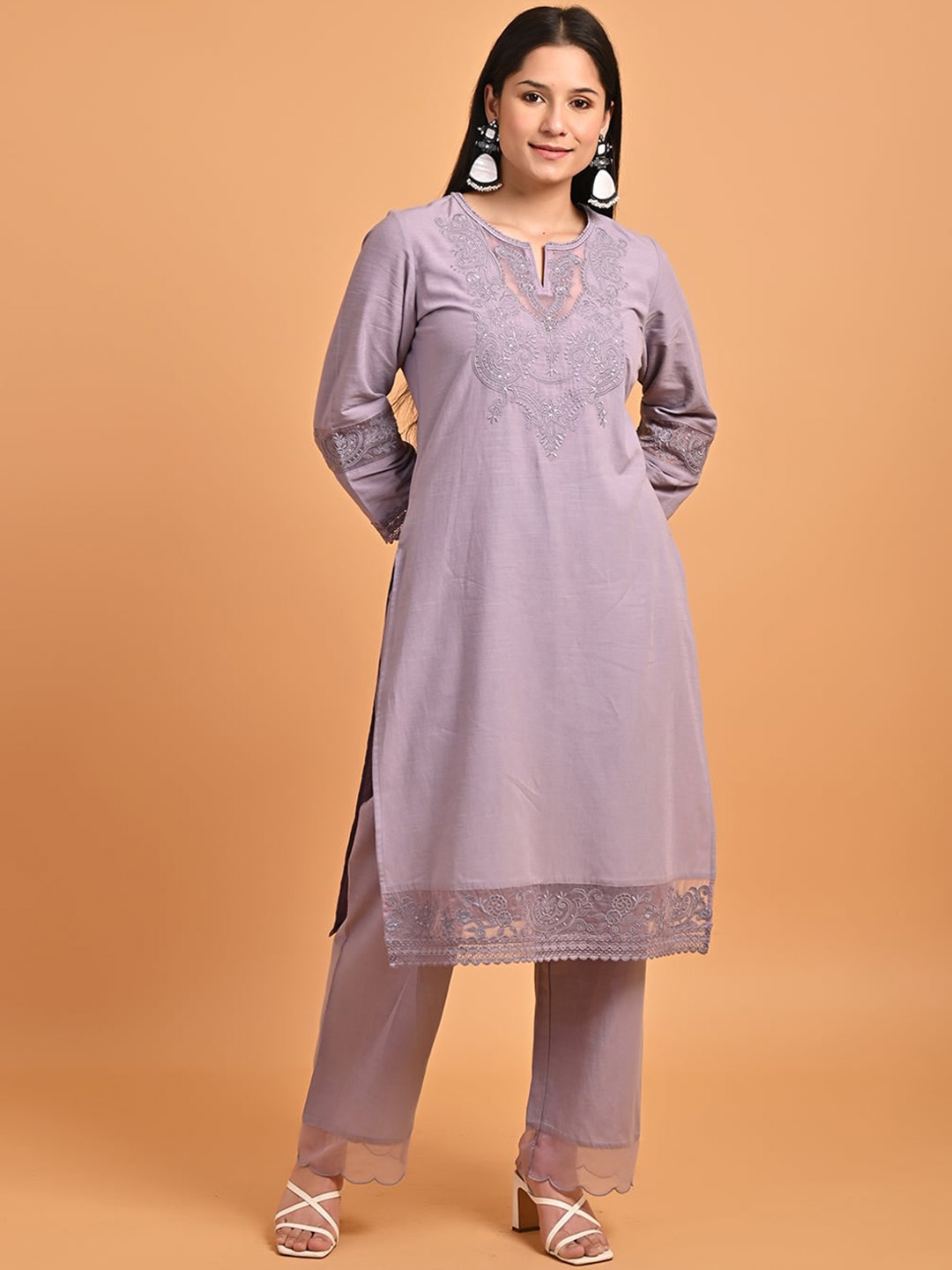 

Lakshita Ethnic Motifs Embroidered Pure Cotton Kurta with Palazzos, Lavender