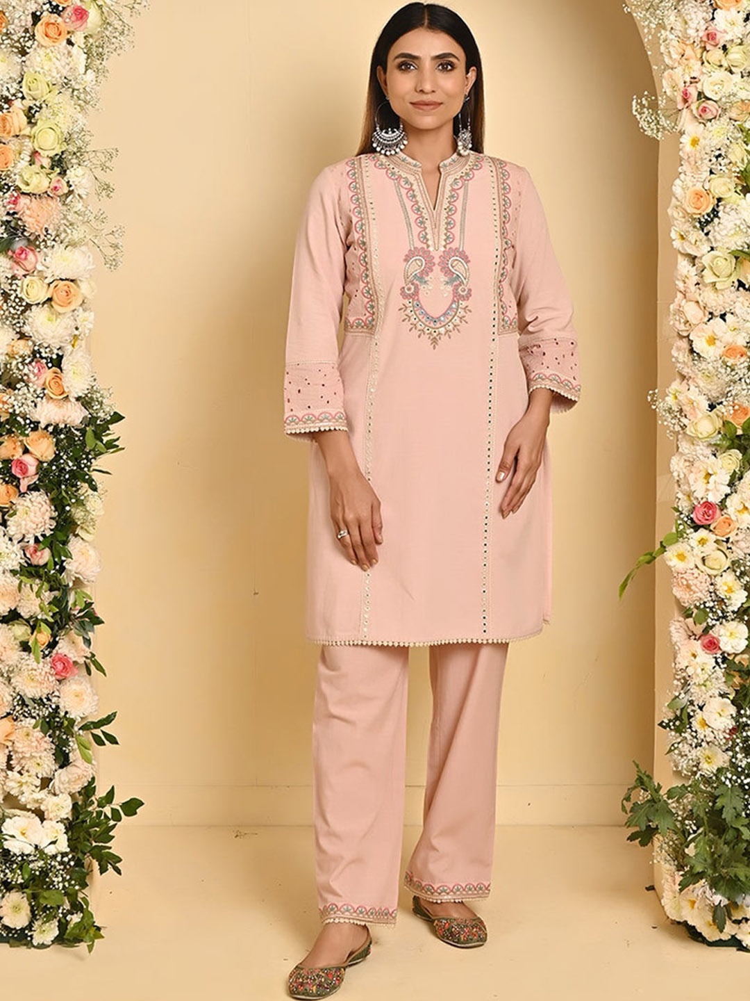 

Lakshita Plus Size Ethnic Motifs Yoke Design Mirror Work Pure Cotton Kurti with Palazzos, Pink