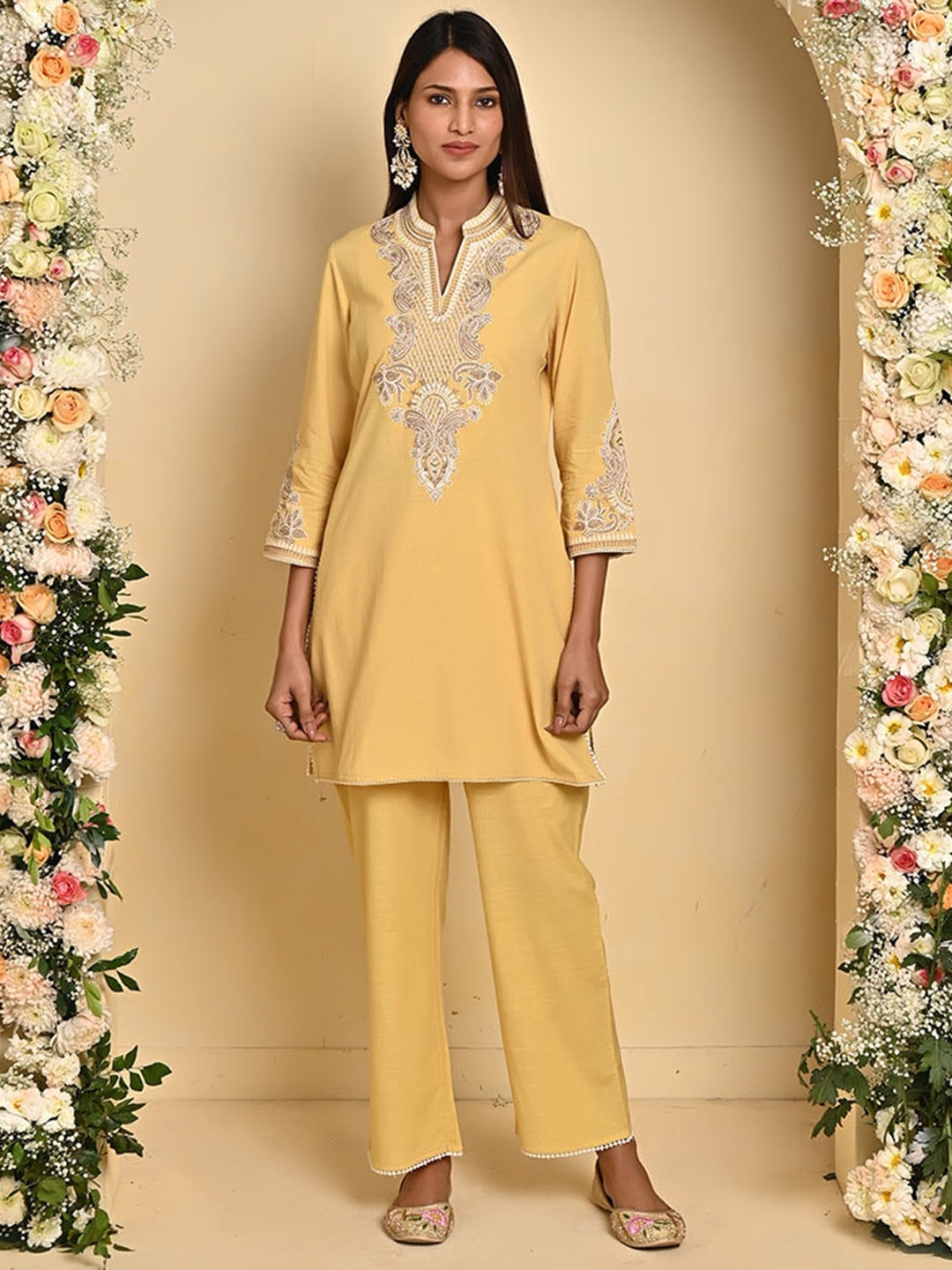 

Lakshita Plus Size Ethnic Motifs Yoke Design Sequinned Kurti with Palazzos, Yellow