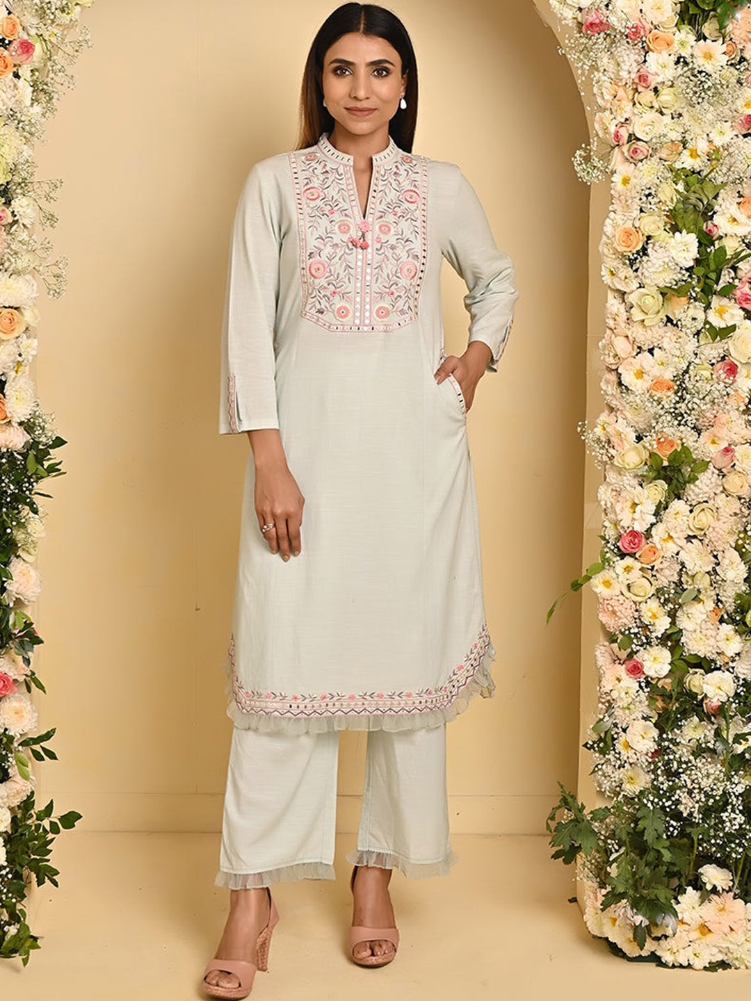 

Lakshita Floral Yoke Design Mirror Work Pure Cotton Kurta with Palazzos, Off white