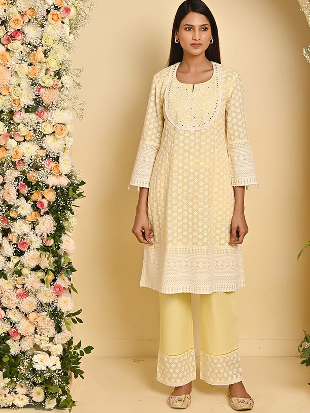 

Lakshita Floral Embroidered Mirror Work Kurta with Palazzos, Yellow