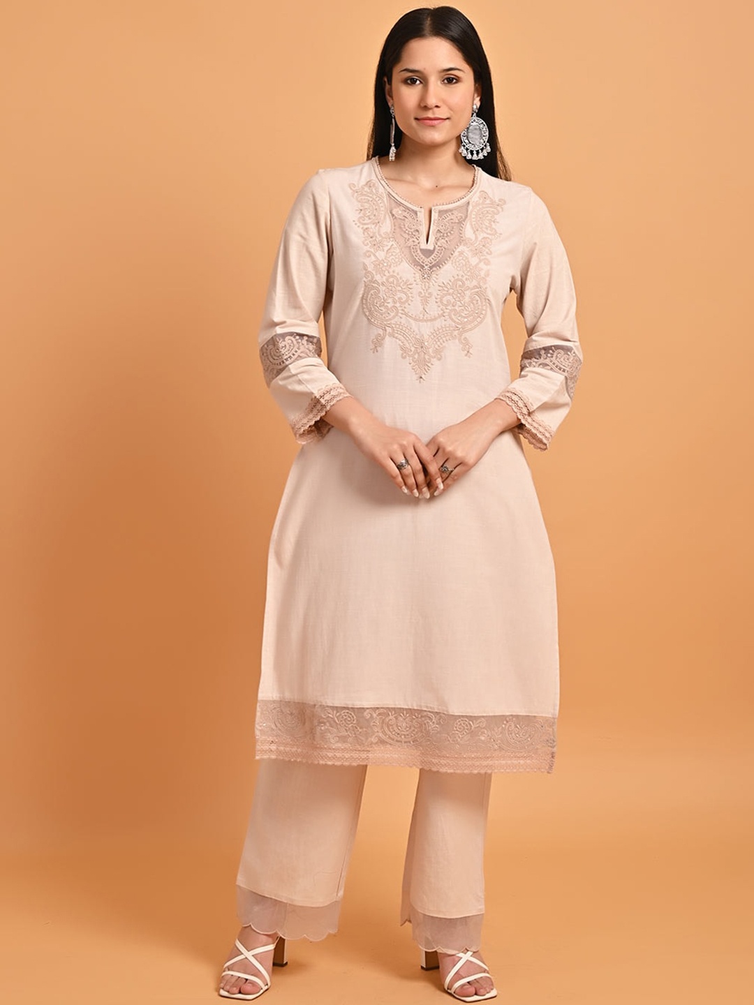 

Lakshita Plus Size Ethnic Motifs Yoke Design Sequinned Pure Cotton Kurta with Palazzos, Beige