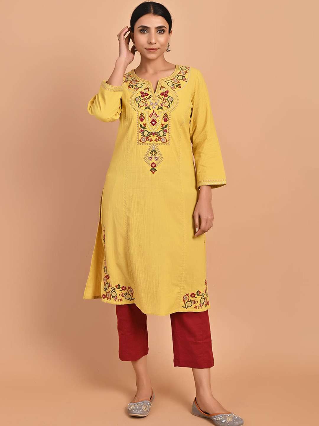 

Lakshita Ethnic Motifs Yoke Design Sequinned Pure Cotton Kurta with Trousers, Yellow