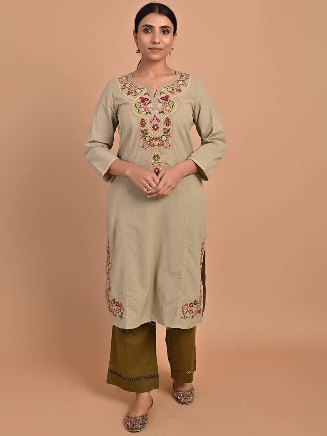 

Lakshita Ethnic Motifs Embroidered Sequined Pure Cotton Kurta with Palazzos, Khaki