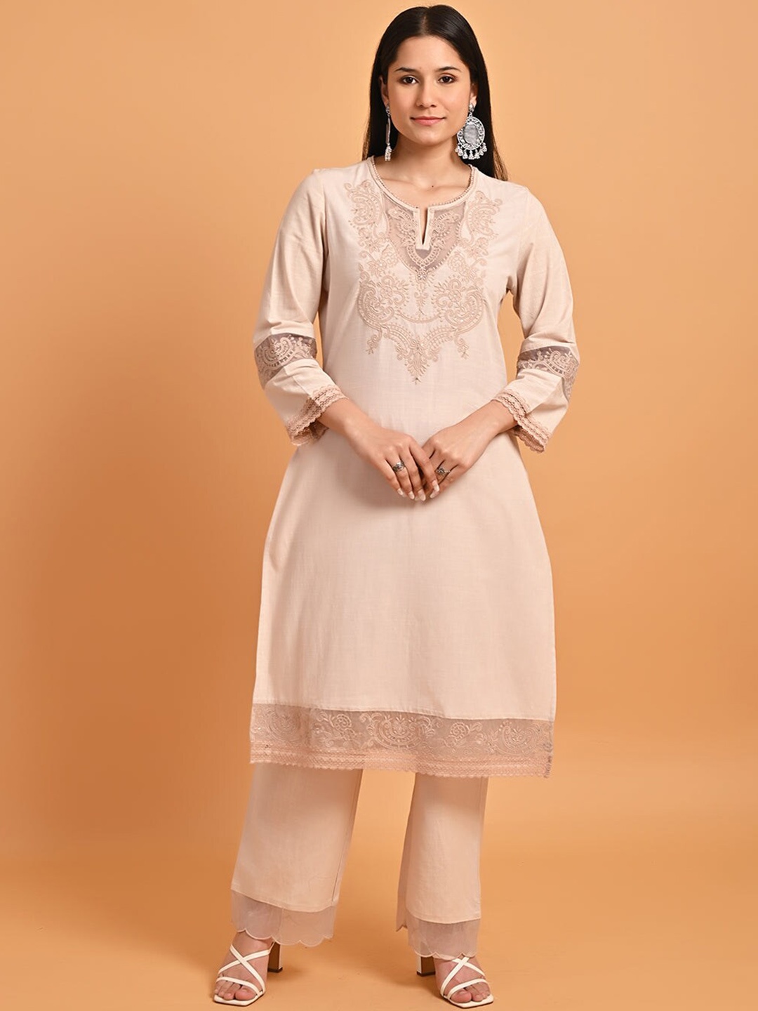 

Lakshita Ethnic Motifs Embroidered Sequined Pure Cotton Kurta with Palazzos, Peach