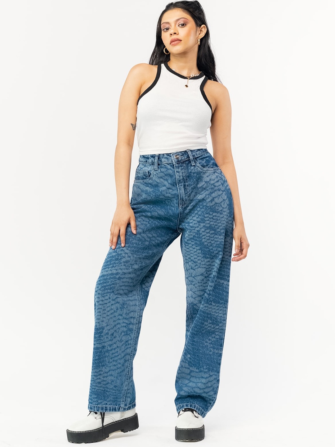 

FREAKINS Women Wide Leg Printed High-Rise Heavy Fade Pure Cotton Jeans, Blue