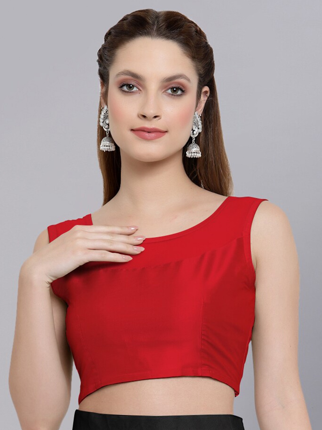 

NEUDIS Round Neck Sleeveless Poly Silk Blouson Crop Top, Red