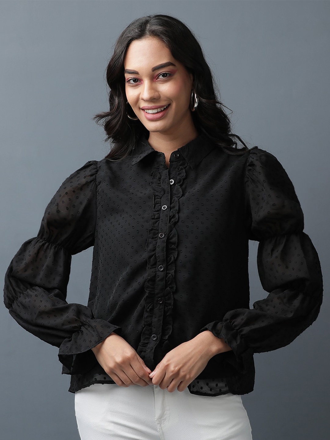 

Freehand by The Indian Garage Co Self Design Puff Sleeves Casual Shirt, Black