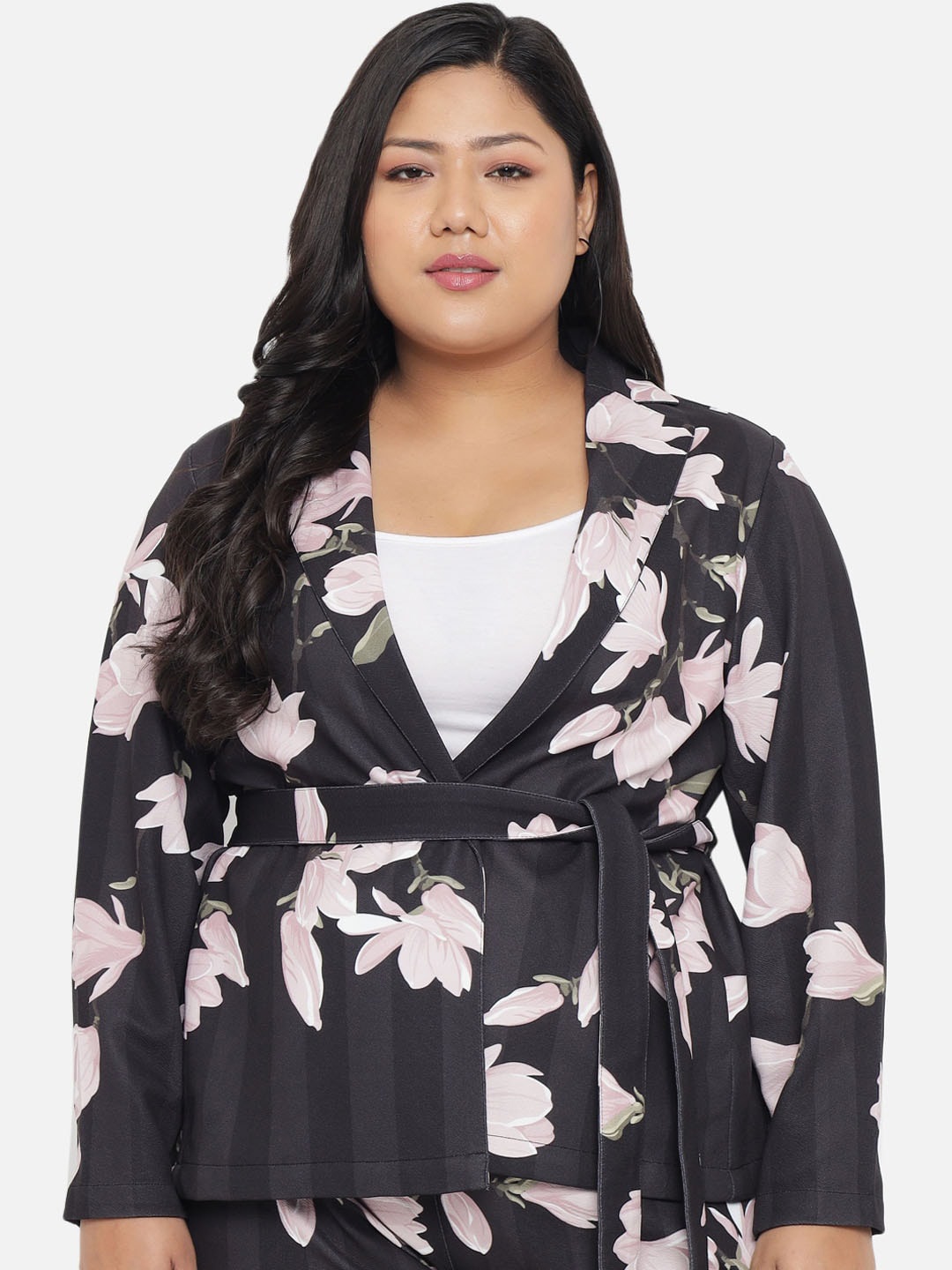 

Amydus Plus Size Printed Single-Breasted Tailored-Fit Front-Open Blazer, Black