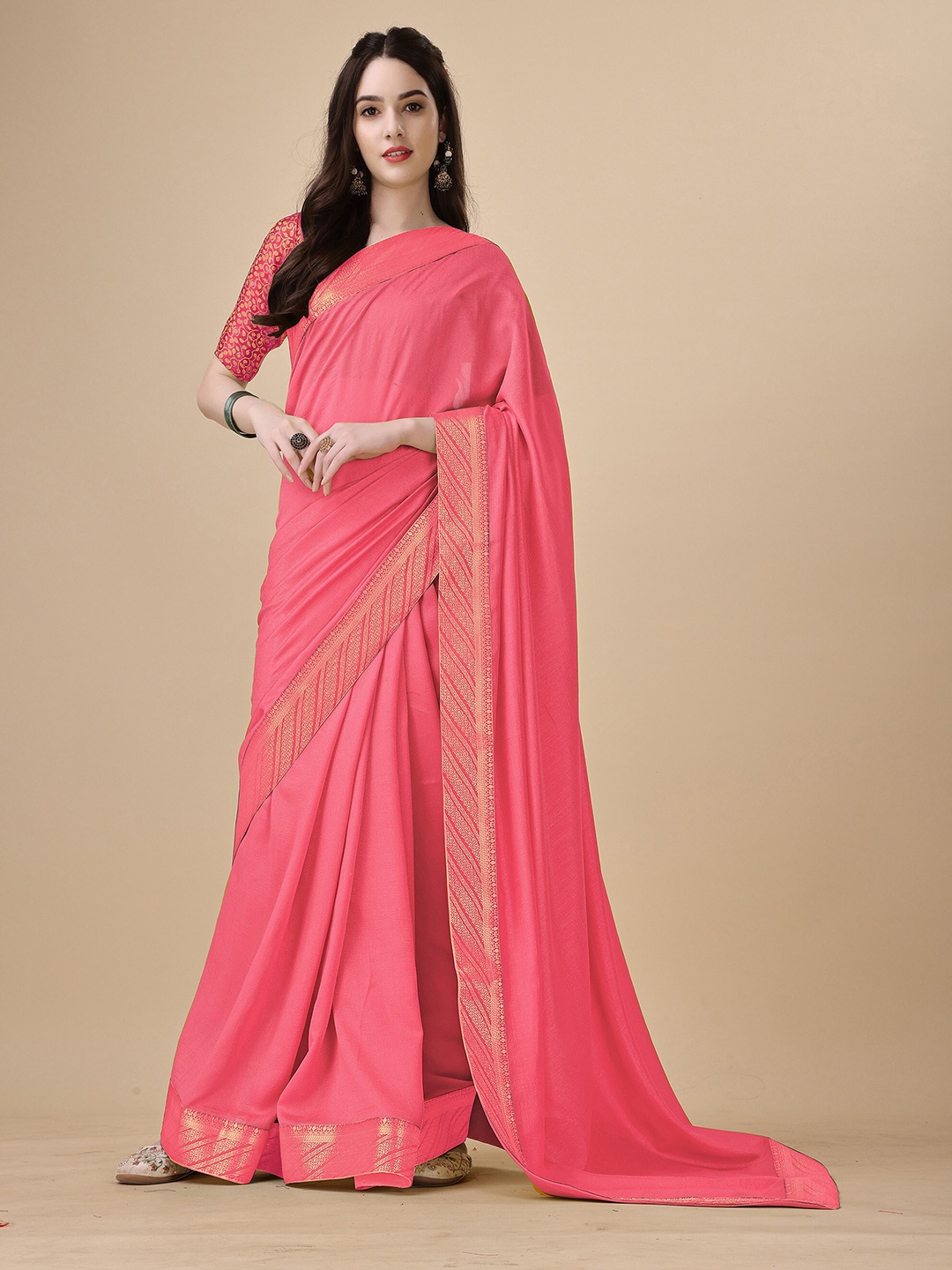 

UNITED LIBERTY Zari Bordered Art Silk Saree, Pink