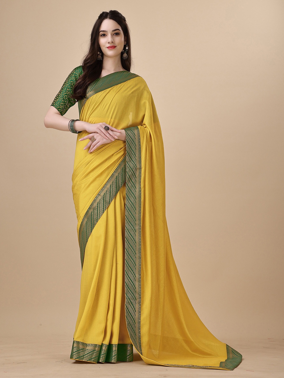 

UNITED LIBERTY Zari Bordered Art Silk Saree, Yellow